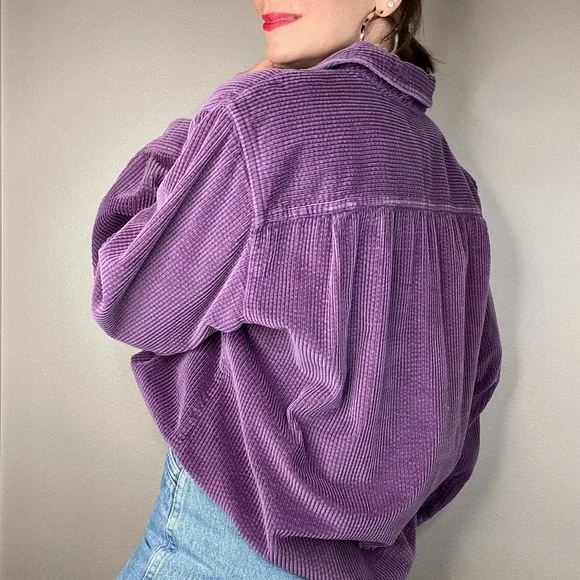 LL Bean wide wale corduroy aubergine purple button-down collared shirt L - Picture 15 of 17